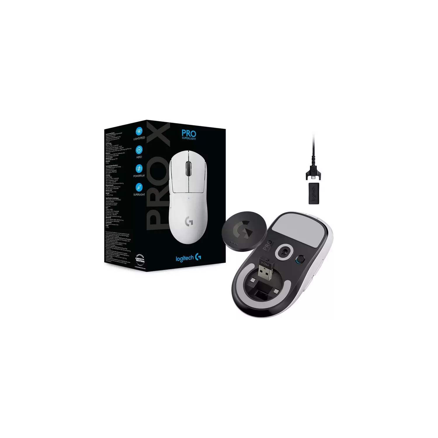 Logitech G PRO X SUPERLIGHT Wireless Gaming Mouse, HERO 25K Sensor, Ultra-light with 63g, 5 Programmable Buttons, 70 hours Battery Life, Zero Additive PTFE Feet, PC/Mac - White - 10